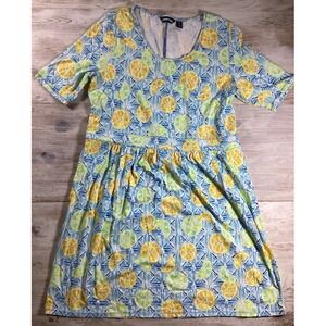 Lands End XL 18 Womens Lemon Lime Citrus Print Knit Dress Blue Yellow Pockets